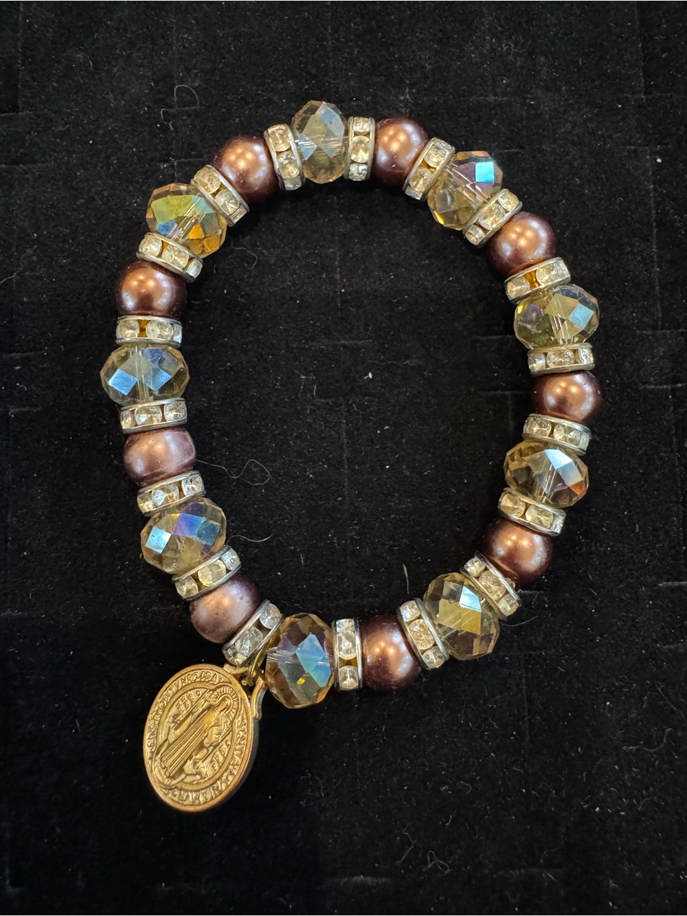 St Benedict Medal Charm Stretch Bracelet Brown Beads Rhinestone Religious
